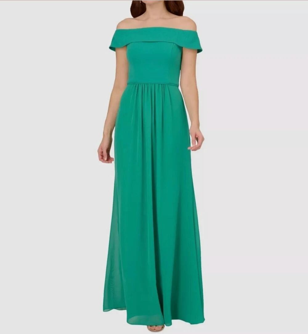Adrianna Papell Off The Shoulder Maxi Dress Womens 10 Green Chiffon Long Gown